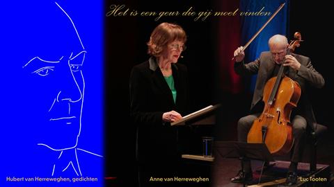 foto: Je ziet een silhouet van Hubert van Herreweghen, en foto's van Anne van Herreweghen en cellist Luc Tooten.